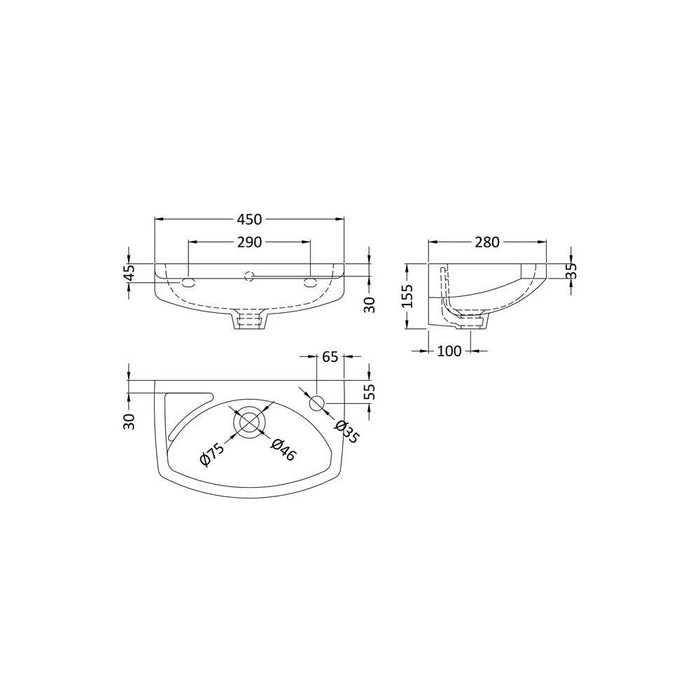 Nuie Melbourne 35/45cm 1TH Wall Hung Basin - Unbeatable Bathrooms