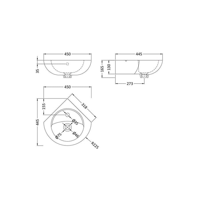 Nuie Melbourne 450mm 1TH Corner Wall Hung Basin - Unbeatable Bathrooms