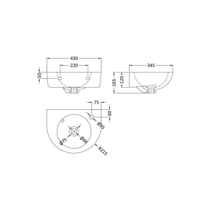 Nuie Melbourne 35/45cm 1TH Round Wall Hung Basin - Unbeatable Bathrooms