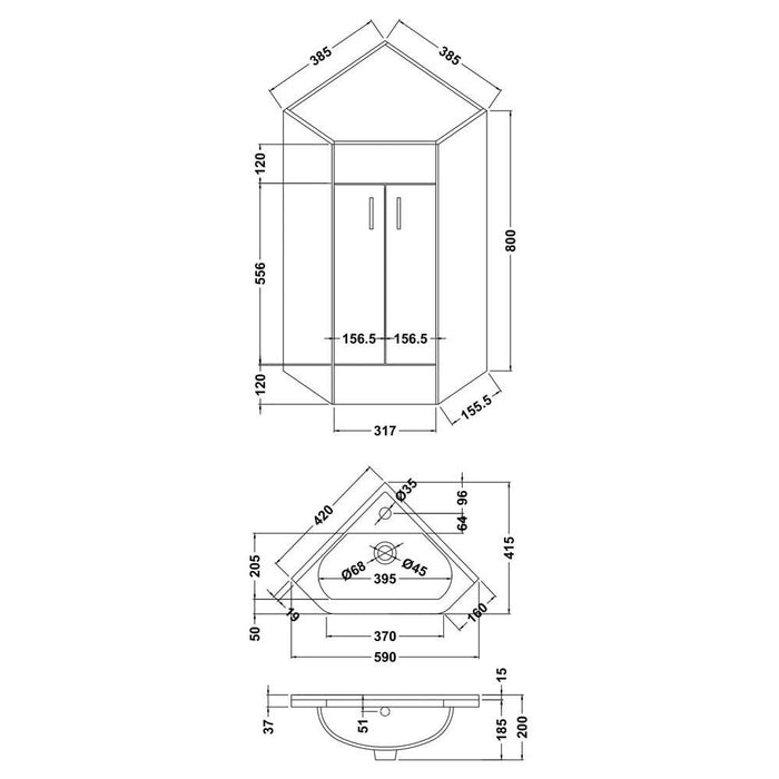 Nuie Mayford 400mm Corner Vanity Unit - Floor Standing 2 Door Unit with Basin - Unbeatable Bathrooms
