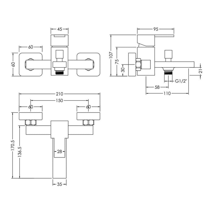 Nuie Sanford Wall Mounted SL Bath Shower Mixer With Kit - Unbeatable Bathrooms