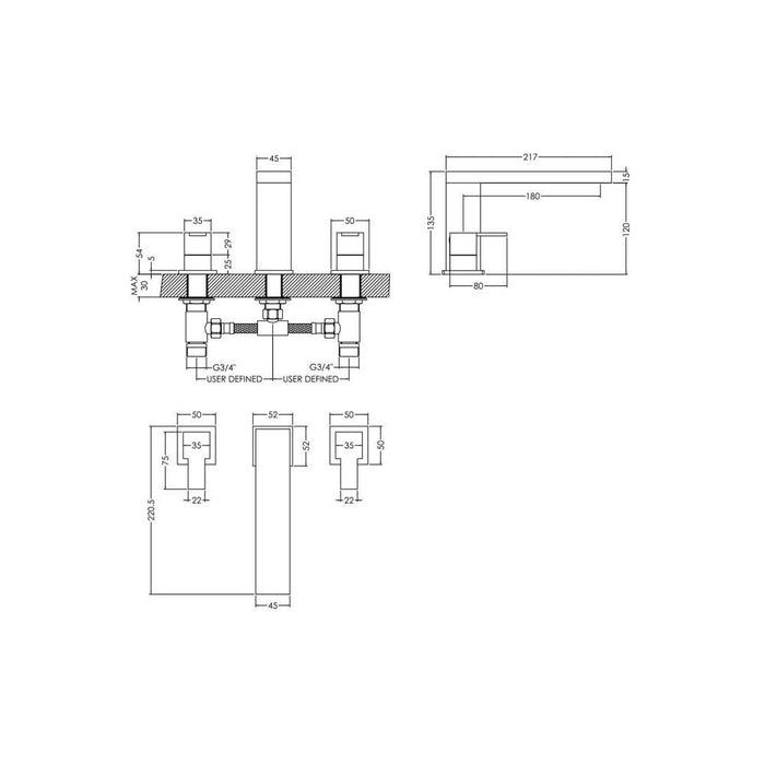 Nuie Sanford Deck Mounted 3TH Bath Filler - Unbeatable Bathrooms