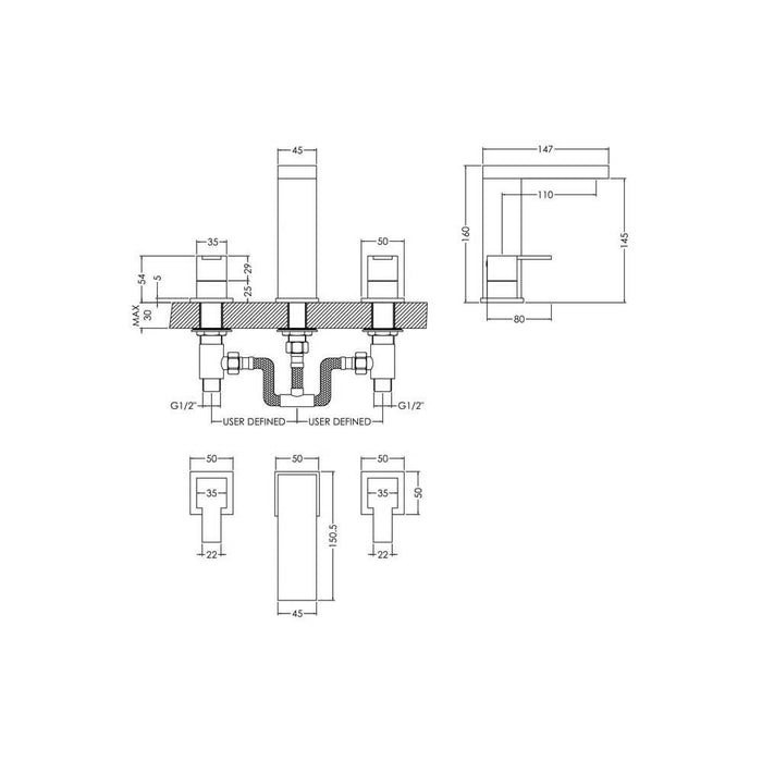 Nuie Sanford Deck Mounted 3TH Basin Mixer with Pop-up Waste - Unbeatable Bathrooms