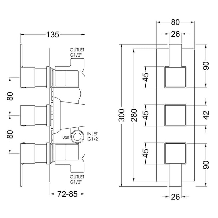 Nuie Sanford Triple Thermostatic Valve - Unbeatable Bathrooms