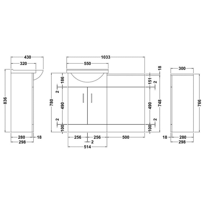 Nuie Saturn 1033mm Cloakroom Vanity Unit & WC Furniture Pack - Floor Standing 2 Door Unit - Unbeatable Bathrooms