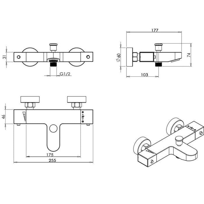 Nuie Square Thermostatic Bath Shower Mixer - Unbeatable Bathrooms