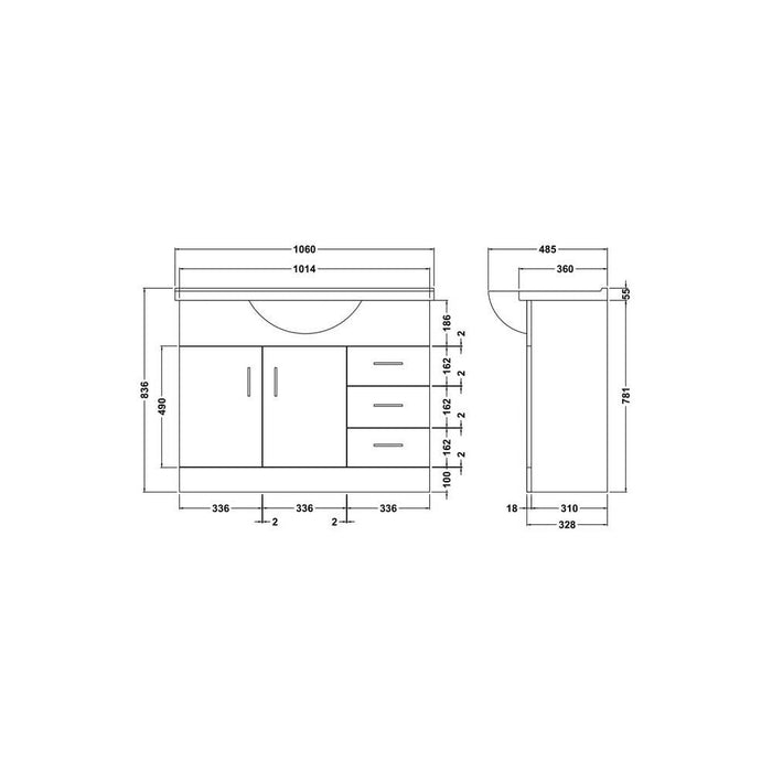 Nuie Mayford 1050mm Vanity Unit - Floor Standing 2 Door & 3 Drawer Unit with Round Semi Recessed Basin - Unbeatable Bathrooms