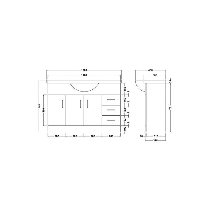 Nuie Mayford 1200mm Vanity Unit - Floor Standing 3 Door & Drawer Unit with Round Semi Recessed Basin - Unbeatable Bathrooms