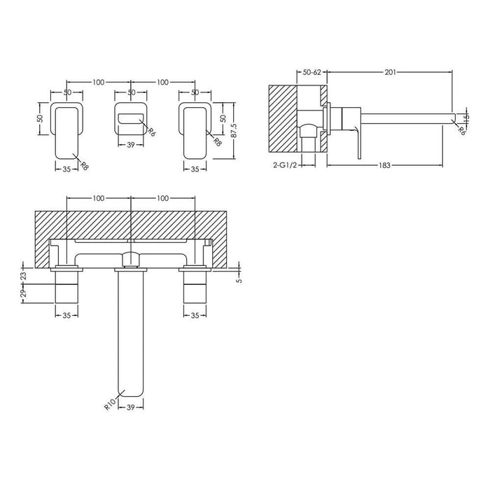 Nuie Windon Wall Mounted 3TH Basin Mixer - Unbeatable Bathrooms