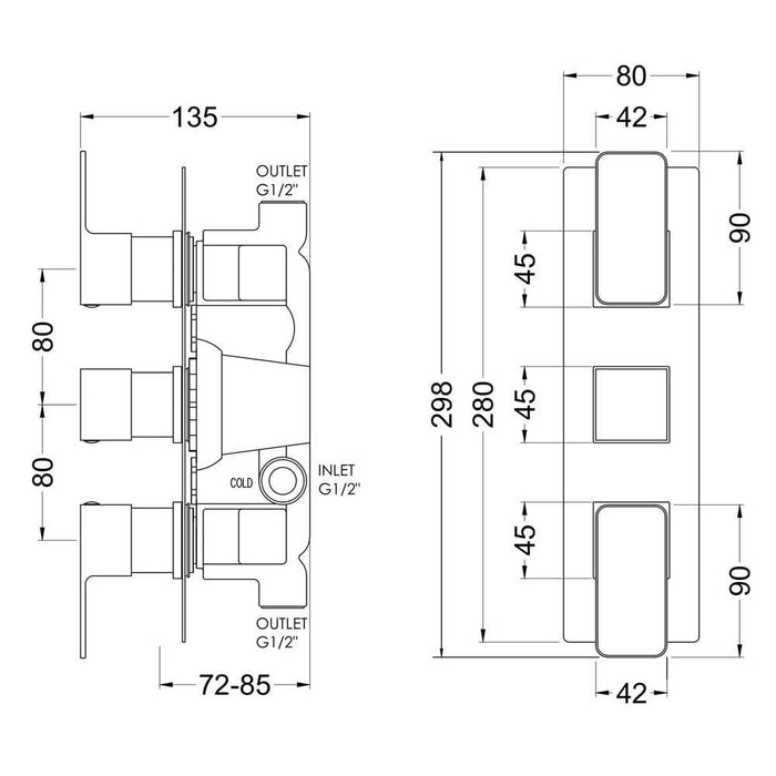 Nuie Windon Triple Thermostatic Valve - Unbeatable Bathrooms