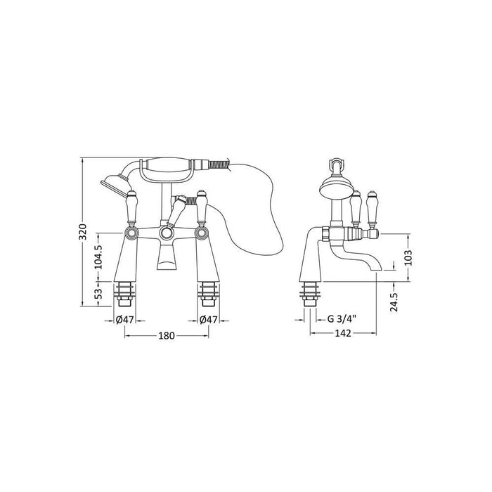 Nuie Bloomsbury Deck Mounted Bath Shower Mixer with Kit - Unbeatable Bathrooms