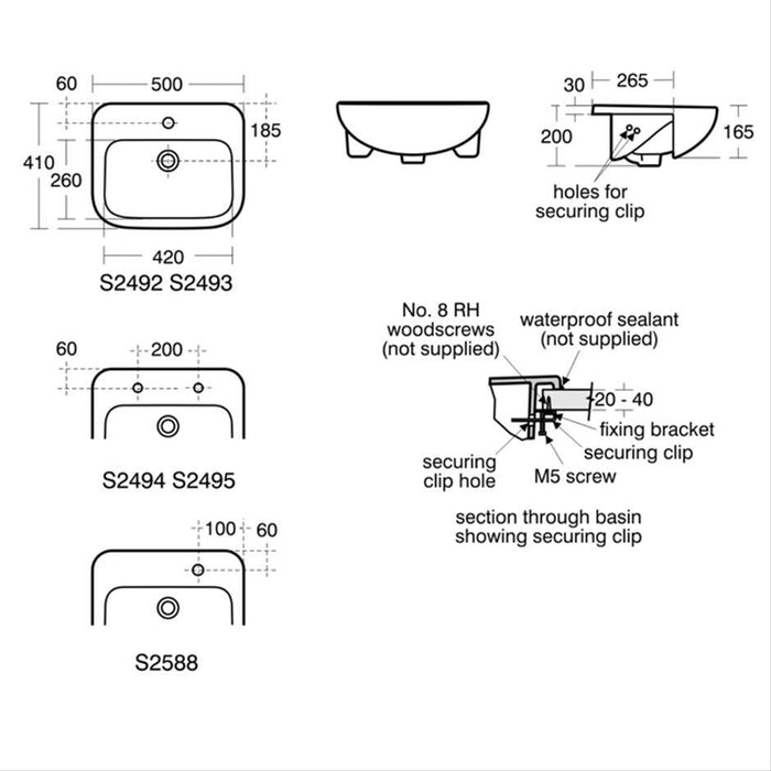 Armitage Shanks Profile 21 50cm Semi-Countertop Basin with Chainhole, No Overflow - Two Tapholes - Unbeatable Bathrooms