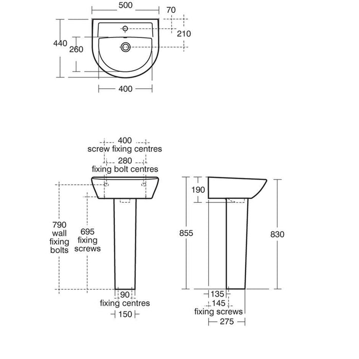 Armitage Shank Sandringham 21 50cm Pedestal Basin -One Taphole with Overflow No Chainstay Hole - Unbeatable Bathrooms