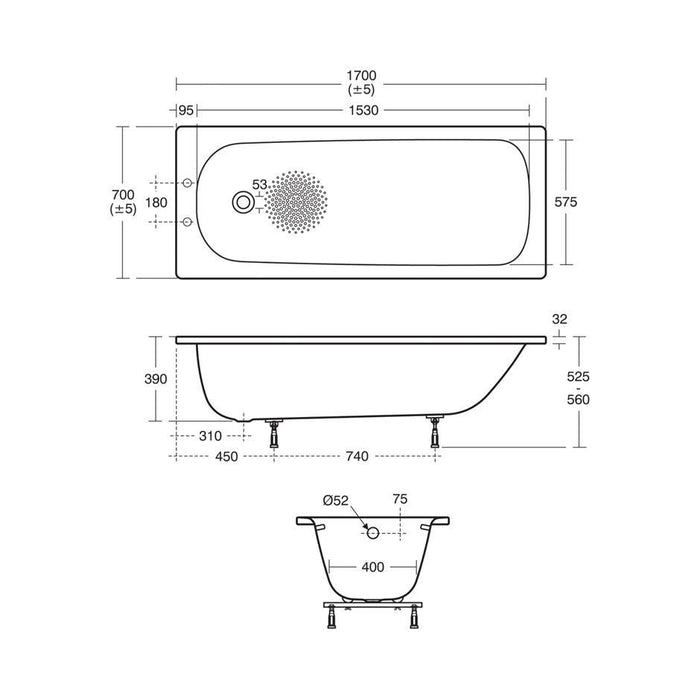 Armitage Shanks Sandringham 21 Bath 170cm X 70cm Standard Gauge Steel with Anti-Slip, No Tapholes - Unbeatable Bathrooms