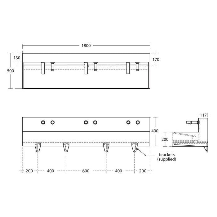 Armitage Shanks Silhouette 1800mm 3 Person Washtrough with Upstand & Waste - Unbeatable Bathrooms
