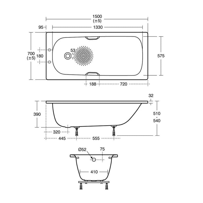 Ideal Standard Simplicity bath 150 x 70cm standard gauge steel with chrome plated grips two tapholes - Unbeatable Bathrooms