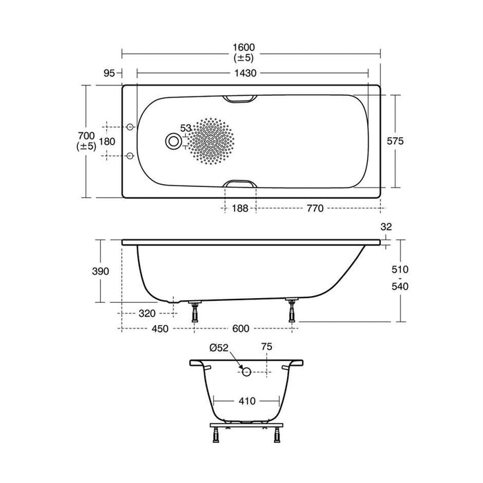 Ideal Standard Simplicity bath 160 x 70cm standard gauge steel, chrome plated grips two tapholes - Unbeatable Bathrooms