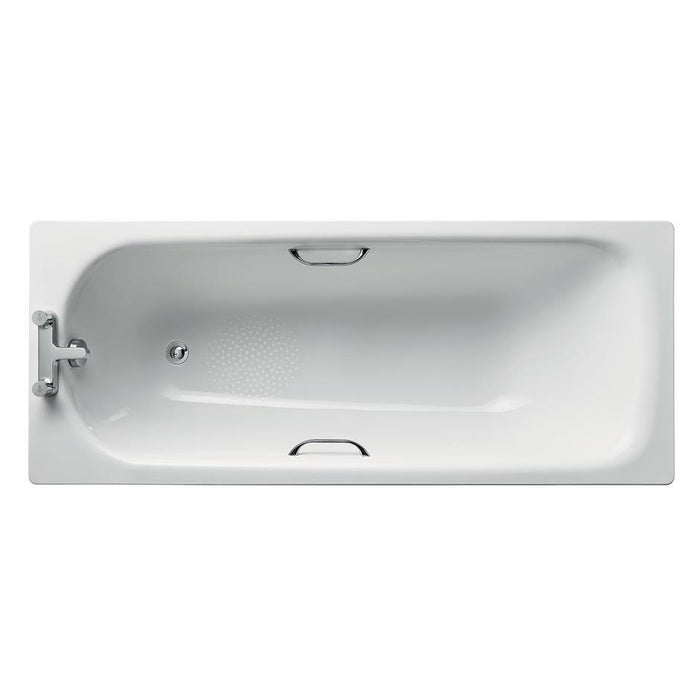 Ideal Standard Simplicity water saving bath 170 x 70cm standard gauge steel, with chrome plated grips 2 tapholes - Unbeatable Bathrooms
