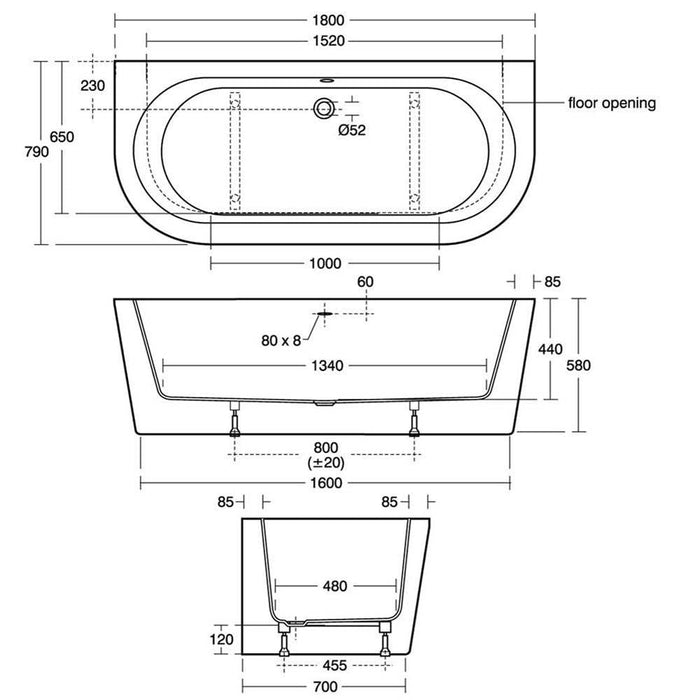 Ideal Standard Adapto 1800 x 800mm D-Shape Double Ended Freestanding Bath with Clicker Waste 0TH - Unbeatable Bathrooms