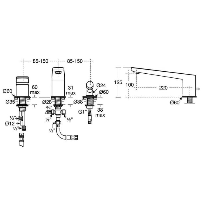 Sottini Turano Single Lever Three Hole Bath Shower Mixer with Spout & Handspray - Unbeatable Bathrooms