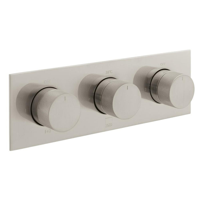 Vado Individual Horizontal Concealed 3 Outlet, 3 Handle Thermostatic Valve with Knurled Handles and All-Flow Function - Unbeatable Bathrooms